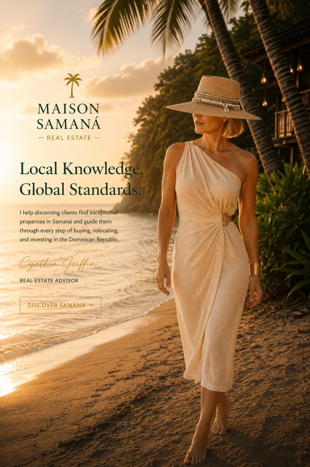 Cynthia Griffin, Maison Samaná real estate advisor, on a Samaná beach at golden hour